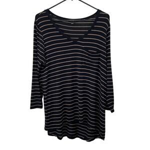 Cable & Gauge Tunic Top T Shirt L Black Tan Stripe V Neck Stretch 3/4 Sleeve